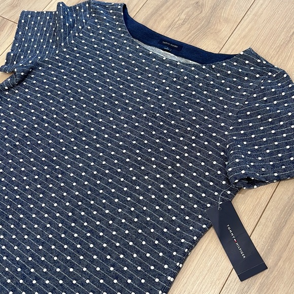 NWT Tommy Hilfiger Navy Polka Dot Boat Neck Short Sleeve Tight Knit Top - Picture 2 of 7